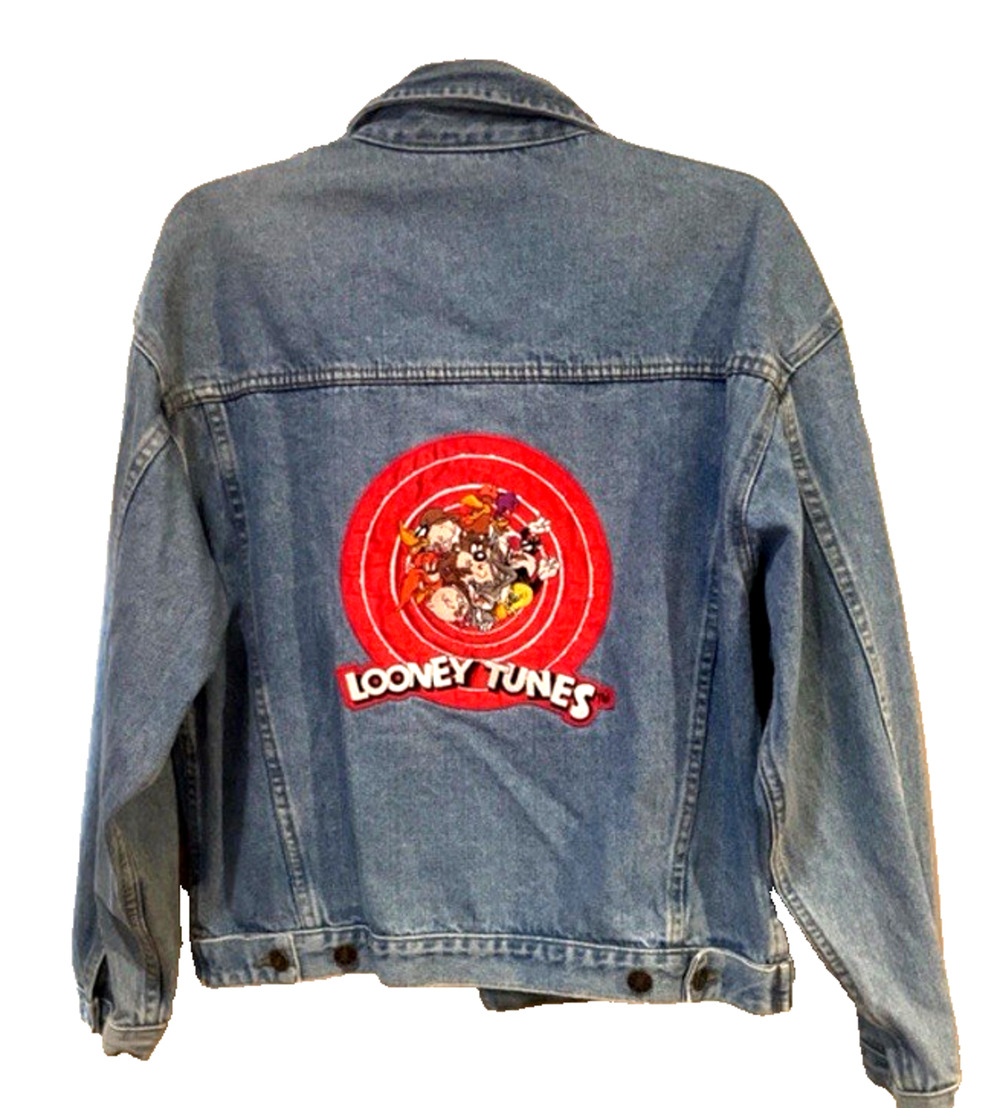 Vintage Looney Tunes Denim Jacket Womens Embroidered Large Bugs Bunny and Crew